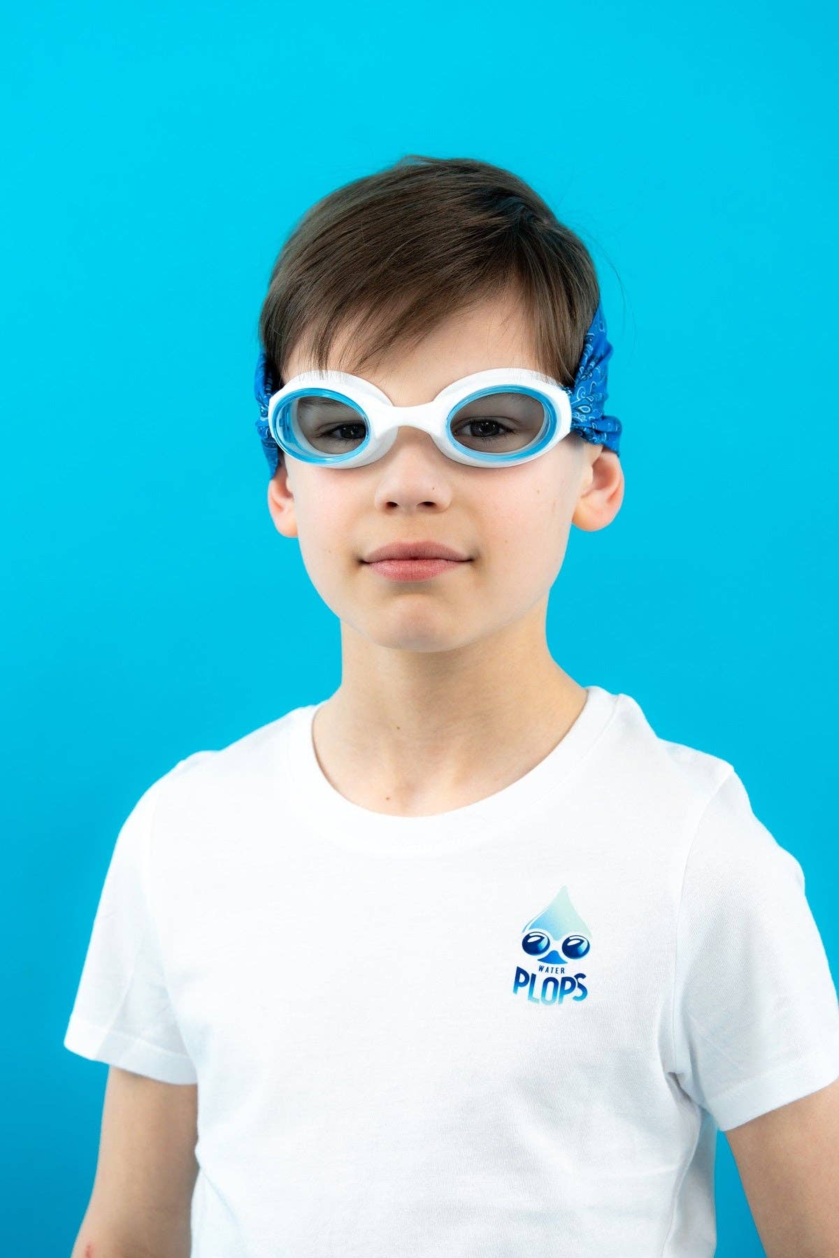 lunettes de piscine enfant bandana bleu Waterplops avec bandeau stretch