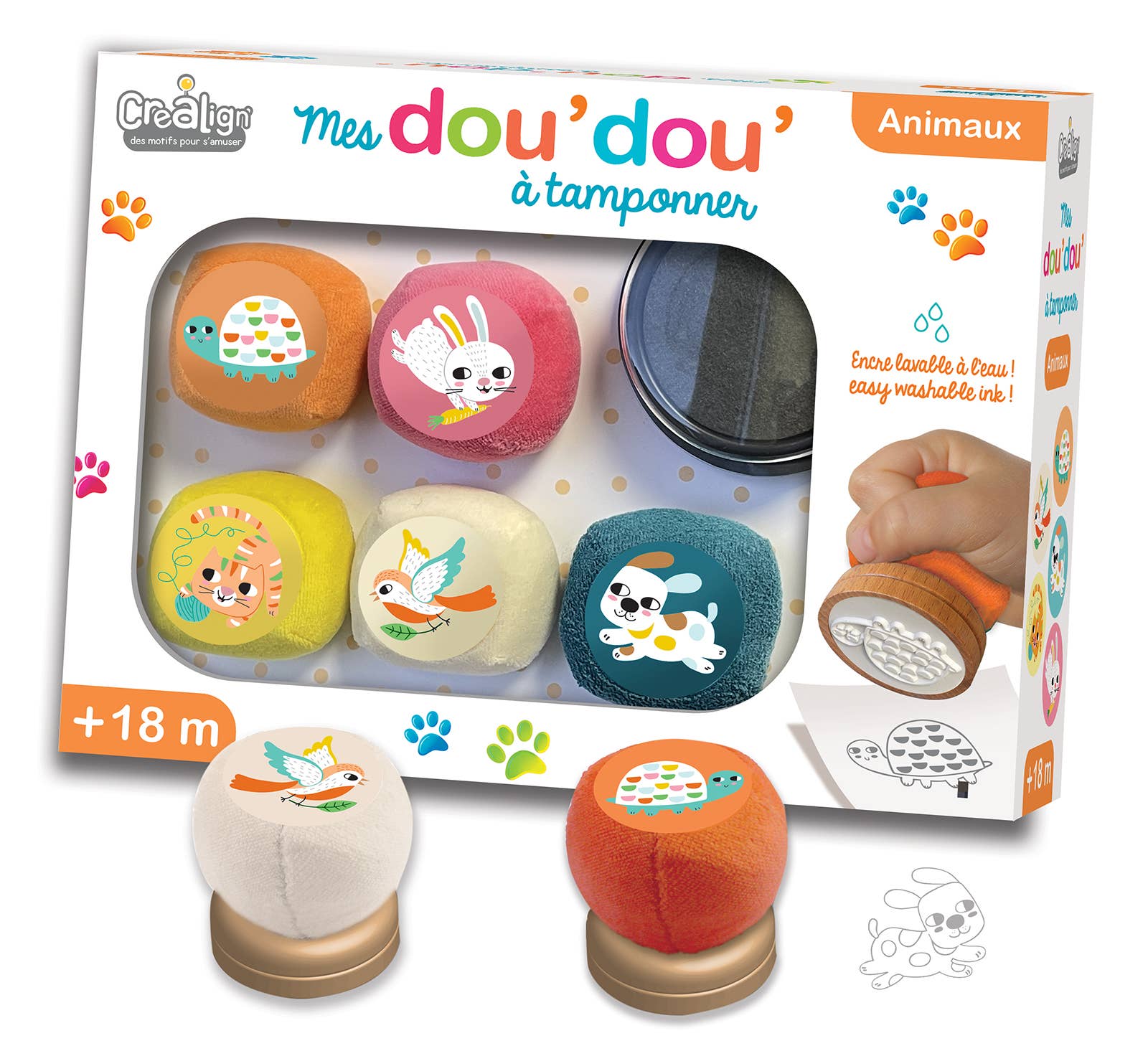 Coffret Mes Dou’Dou’ Animaux à Tamponner CréaLign’ avec 6 tampons animaux et encreur lavable pour enfants dès 18 mois.