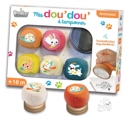 Coffret Mes Dou’Dou’ Animaux à Tamponner CréaLign’ avec 6 tampons animaux et encreur lavable pour enfants dès 18 mois.