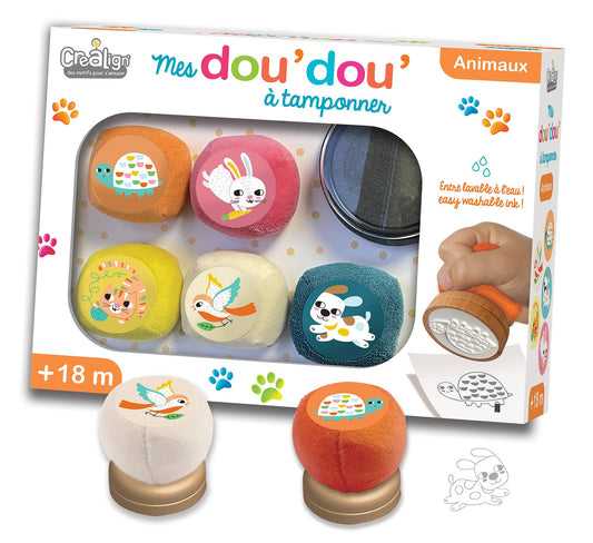 Coffret Mes Dou’Dou’ Animaux à Tamponner CréaLign’ avec 6 tampons animaux et encreur lavable pour enfants dès 18 mois.