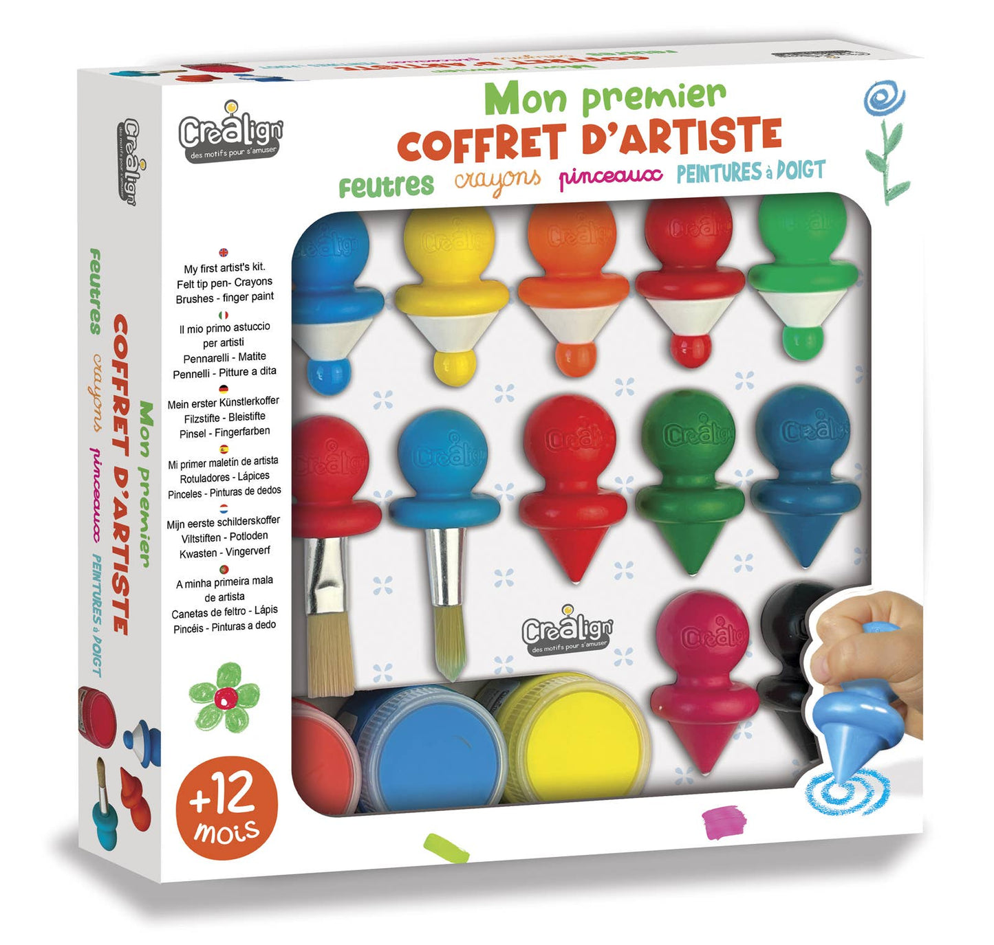 Mon Premier Coffret d’Artiste CréaLign’ avec matériel de dessin et peinture pour enfants dès 1 an.