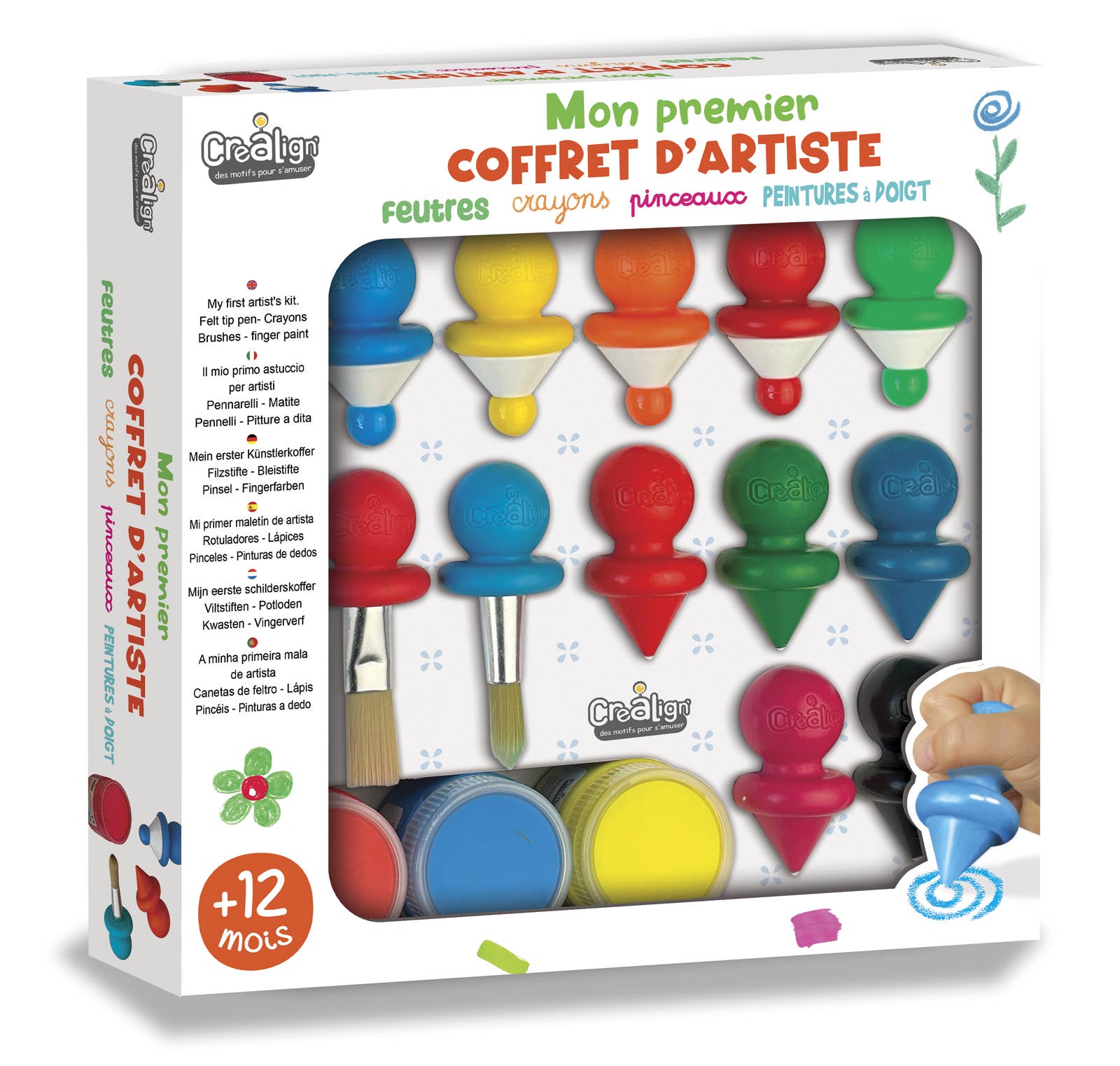Mon Premier Coffret d’Artiste CréaLign’ avec matériel de dessin et peinture pour enfants dès 1 an.