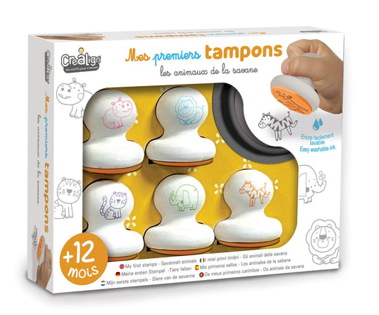 Coffret Mes Premiers Tampons Animaux de la Savane CréaLign’ avec 5 tampons en mousse et encreur lavable pour enfants dès 1 an.