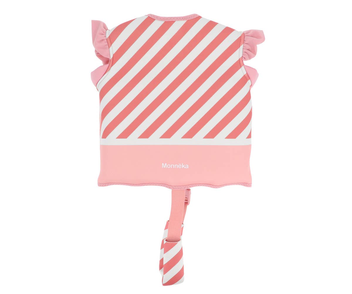 Gilet de natation Stripes Bloom & Blush Monnëka pour enfant avec éléments de flottabilité évolutifs et sangle de sécurité pour apprendre à nager.