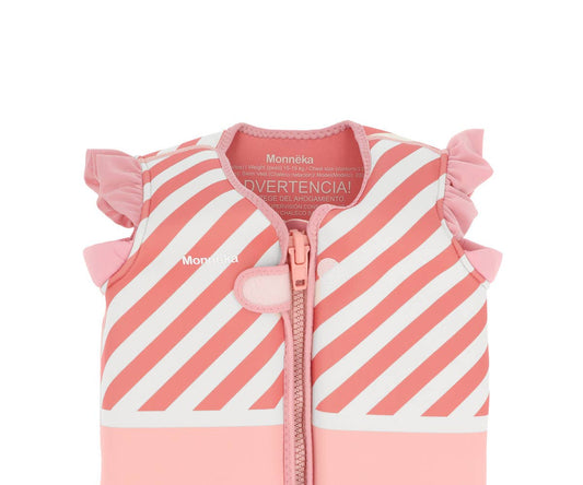 Gilet de natation Stripes Bloom & Blush Monnëka pour enfant avec éléments de flottabilité évolutifs et sangle de sécurité pour apprendre à nager.