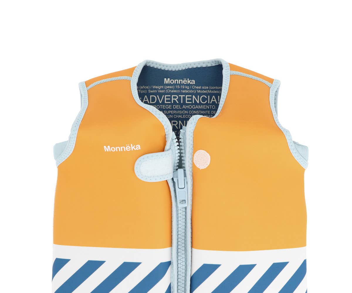 Gilet de natation Stripes Blues & Beyond Monnëka pour enfant avec flotteurs intégrés et fermeture sécurisée pour apprendre à nager.