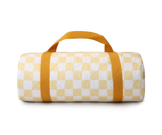 Couverture Pique-Nique Stripes Yellow Chess Monnëka imperméable et anti-sable avec sangle de transport pour plage et pique-nique.