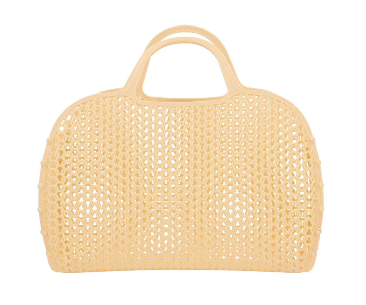 Panier Rétro Vintage Sunny Monnëka en plastique recyclable avec filet intégré, idéal pour la plage, la piscine et les sorties estivales.