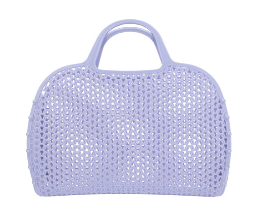 Panier Rétro Vintage Lavander Monnëka en plastique recyclable avec filet intégré, idéal pour la plage, la piscine et les sorties estivales.
