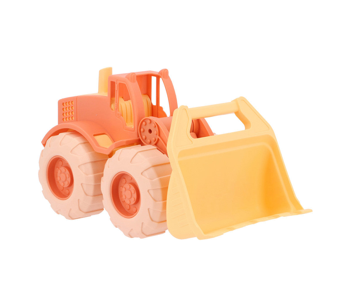 Bulldozer Orange Monnëka pour enfants dès 6 mois avec pelle mobile et roues souples pour jouer dans le sable et à la plage.
