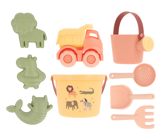 Set de Jouets de Plage Wild Animals Monnëka avec seau, pelle, camion et moules à sable pour enfants dès 6 mois.