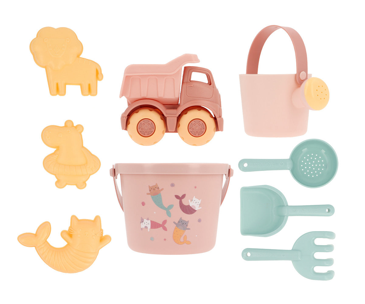 Set de Jouets de Plage Mermaid Cats Monnëka avec seau, pelle, camion et accessoires de sable pour enfants dès 6 mois.