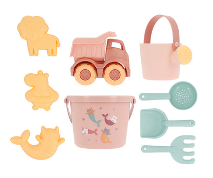Set de Jouets de Plage Mermaid Cats Monnëka avec seau, pelle, camion et accessoires de sable pour enfants dès 6 mois.