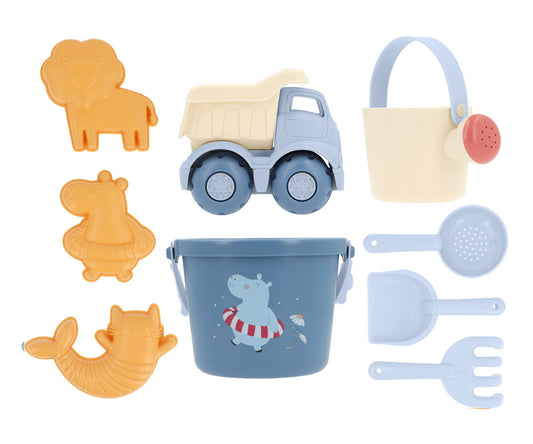 Set de Jouets de Plage Hippos Monnëka avec seau, pelle, camion et accessoires de sable pour enfants dès 6 mois.