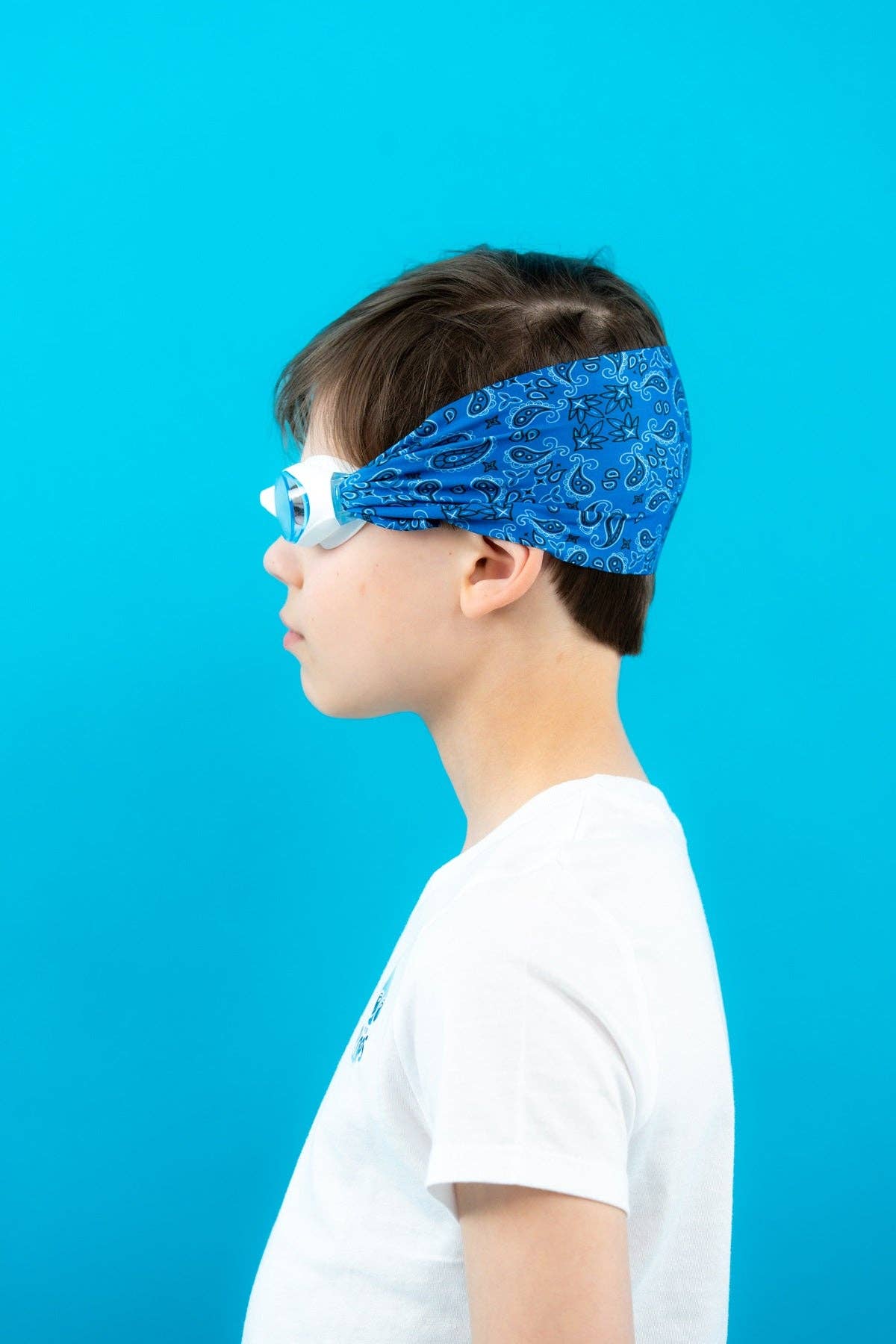 lunettes de piscine enfant bandana bleu Waterplops avec bandeau stretch