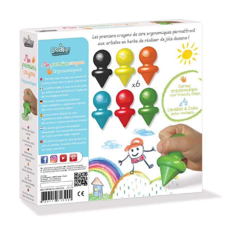 Boîte Mes Premiers Crayons CréaLign’ avec 6 crayons de cire ergonomiques lavables pour enfants dès 1 an.