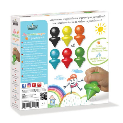 Boîte Mes Premiers Crayons CréaLign’ avec 6 crayons de cire ergonomiques lavables pour enfants dès 1 an.