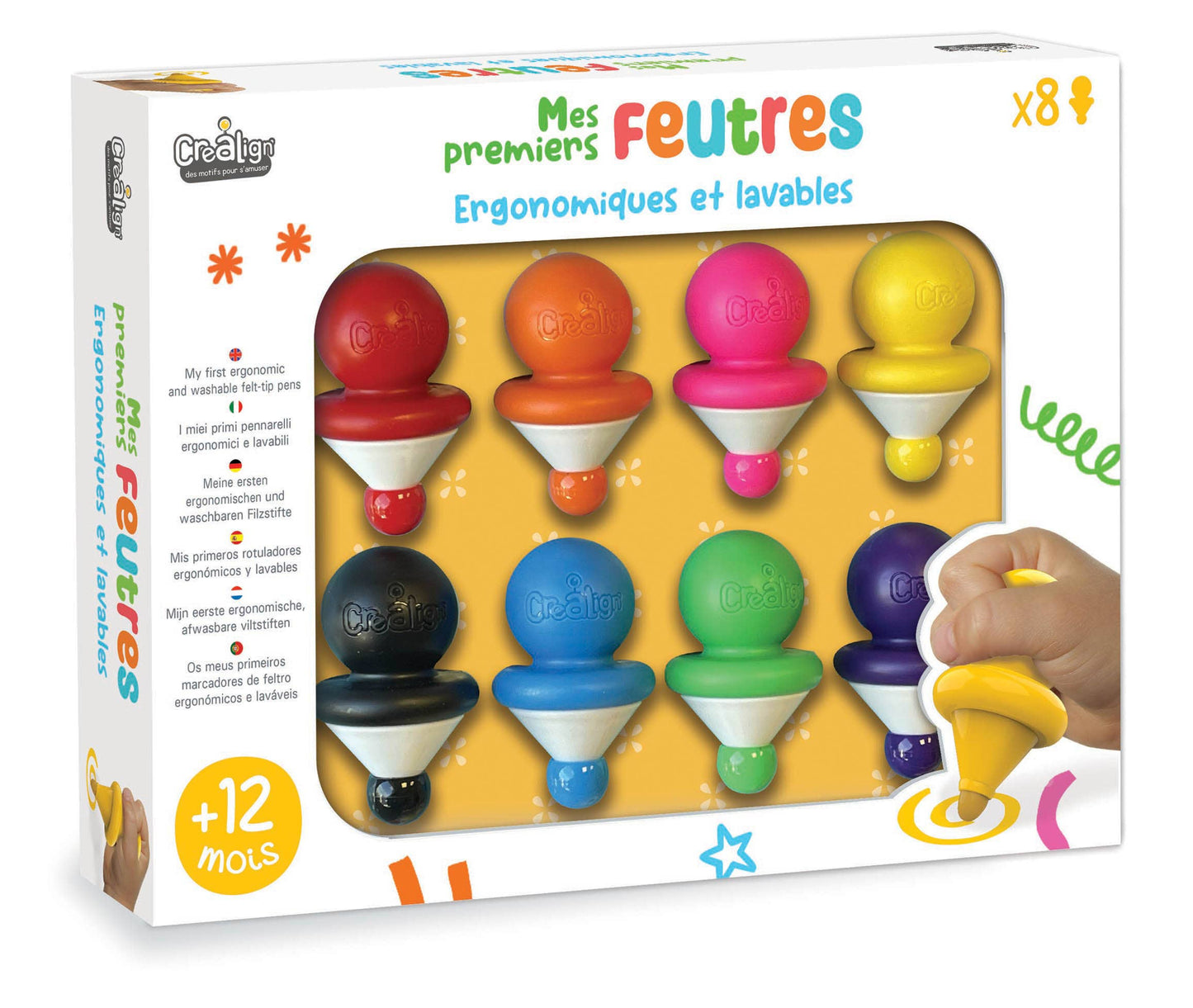 Boîte Mes Premiers Feutres x8 CréaLign’ avec 8 feutres ergonomiques lavables pour enfants dès 1 an.