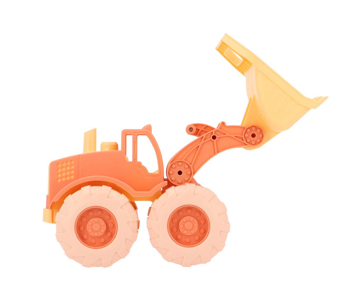 Bulldozer Pelleteuse Orange Monnëka pour enfants dès 6 mois avec pelle mobile et roues souples pour jouer dans le sable et à la plage.