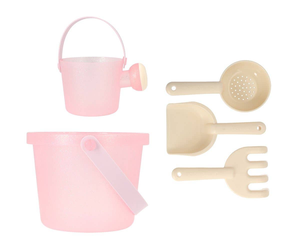 Set de Jouets de Plage Seau Glitter Monnëka avec seau pailleté, pelle et accessoires de sable pour enfants dès 6 mois.