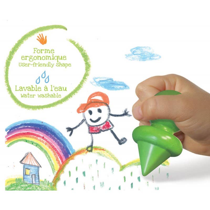 Boîte Mes Premiers Crayons CréaLign’ avec 6 crayons de cire ergonomiques lavables pour enfants dès 1 an.