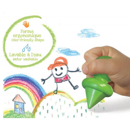 Boîte Mes Premiers Crayons CréaLign’ avec 6 crayons de cire ergonomiques lavables pour enfants dès 1 an.