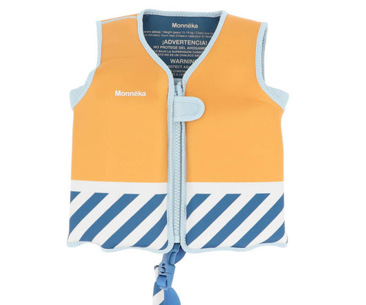 Gilet de natation Stripes Blues & Beyond Monnëka pour enfant avec flotteurs intégrés et fermeture sécurisée pour apprendre à nager.