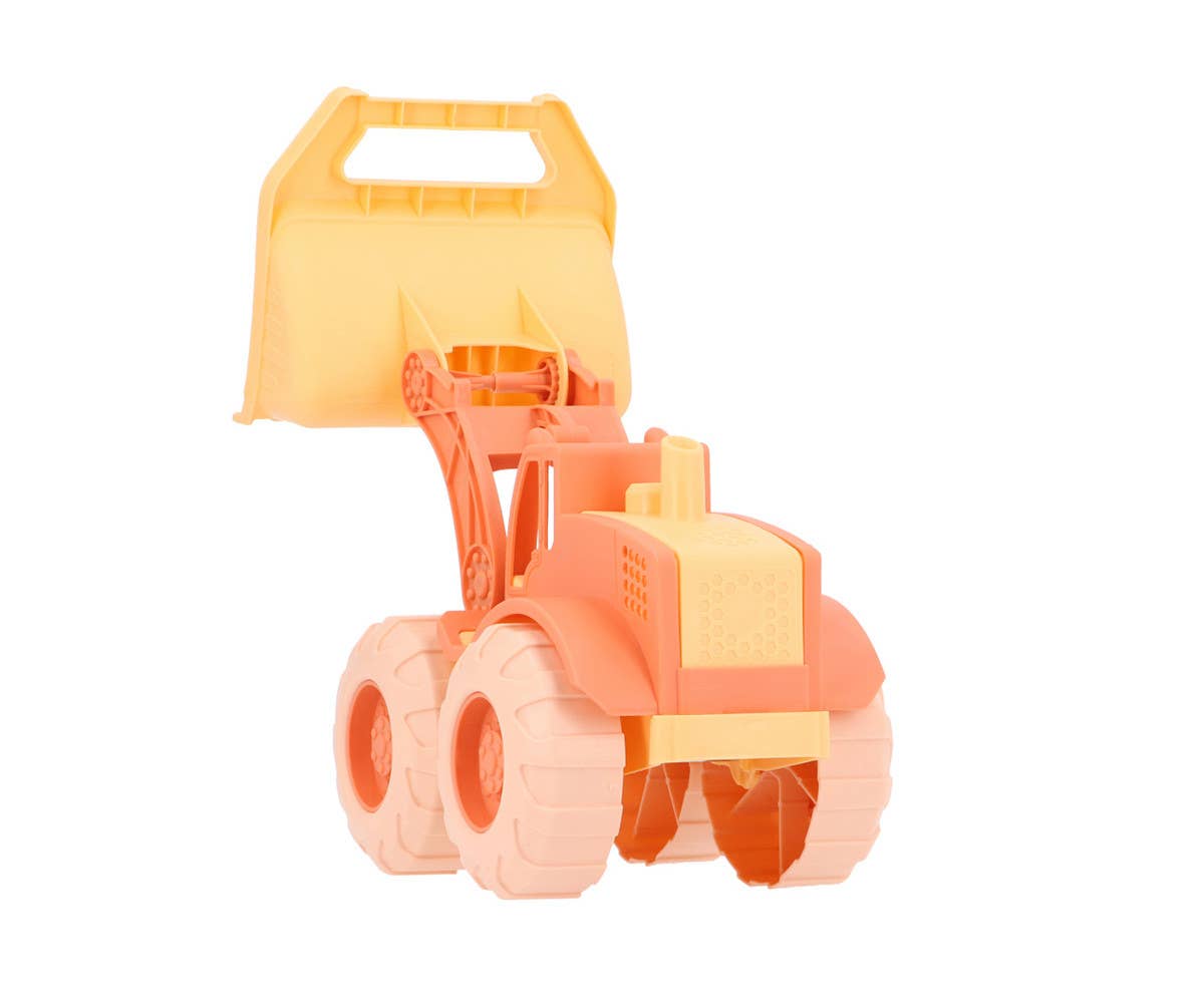 Bulldozer Pelleteuse Orange Monnëka pour enfants dès 6 mois avec pelle mobile et roues souples pour jouer dans le sable et à la plage.