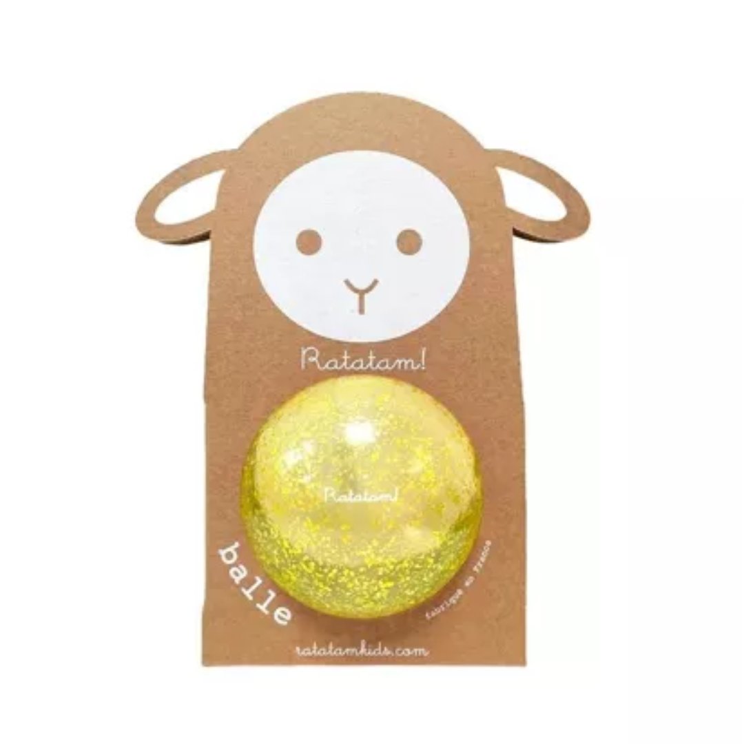 ballon rebondissante 10cm paillété jaune, cadeau à partir de 1 ans