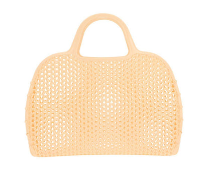 Panier Rétro Vintage Mellow Yellow Monnëka en plastique recyclable avec filet intégré, idéal pour la plage, la piscine et les sorties estivales.