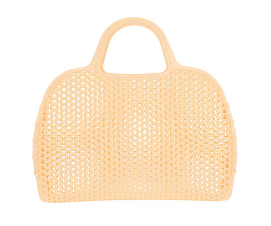 Panier Rétro Vintage Mellow Yellow Monnëka en plastique recyclable avec filet intégré, idéal pour la plage, la piscine et les sorties estivales.