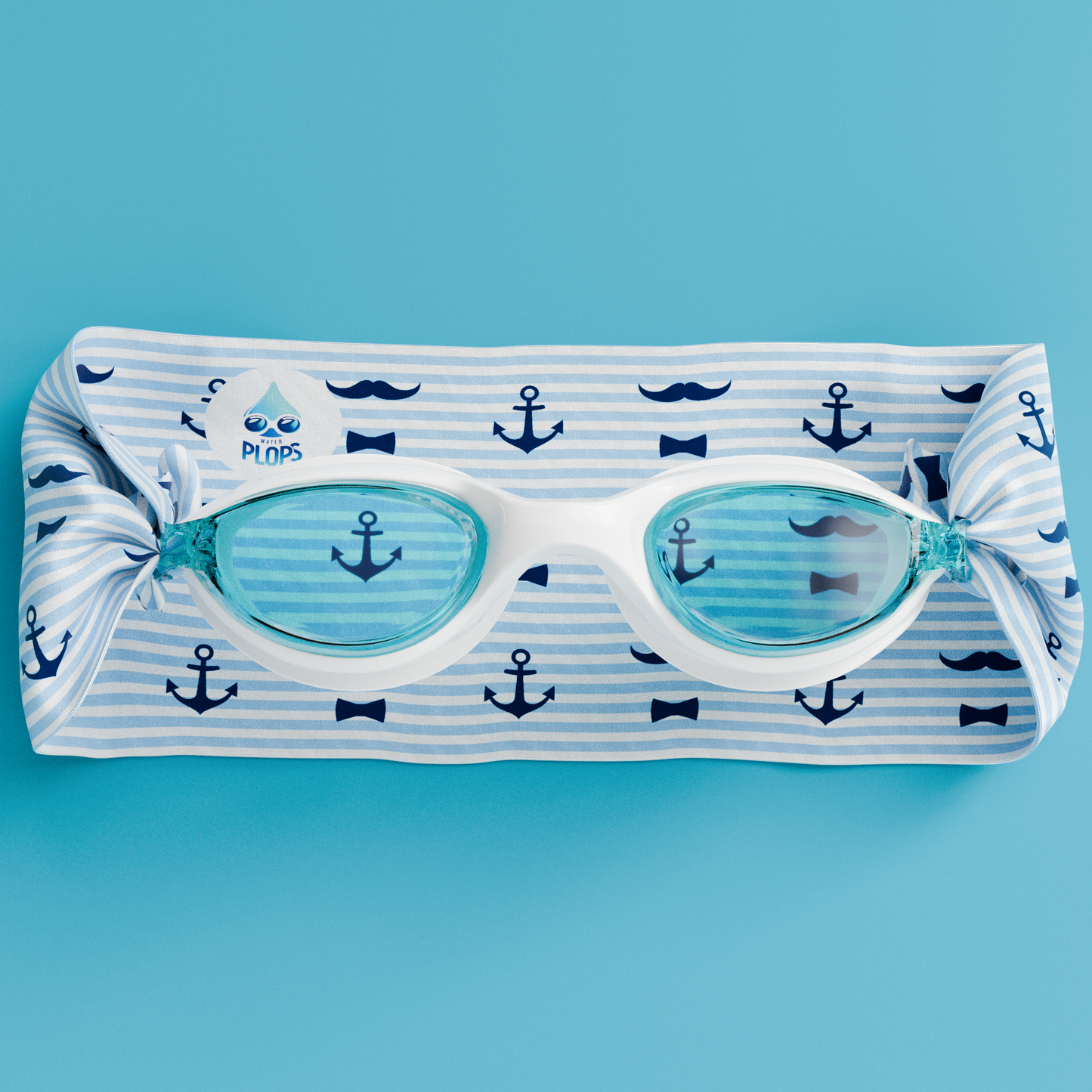 lunettes de piscine enfantrayures ancres moustaches Waterplops avec bandeau stretch