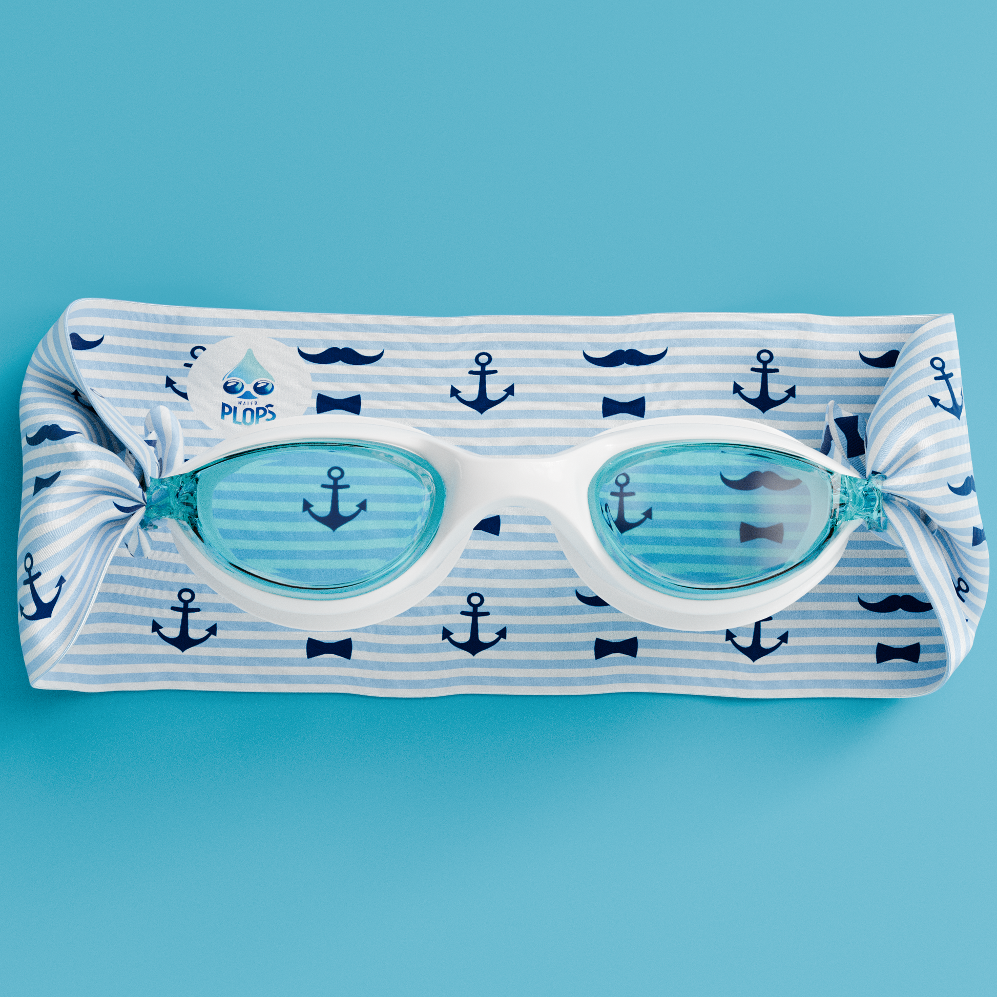 lunettes de piscine enfantrayures ancres moustaches Waterplops avec bandeau stretch