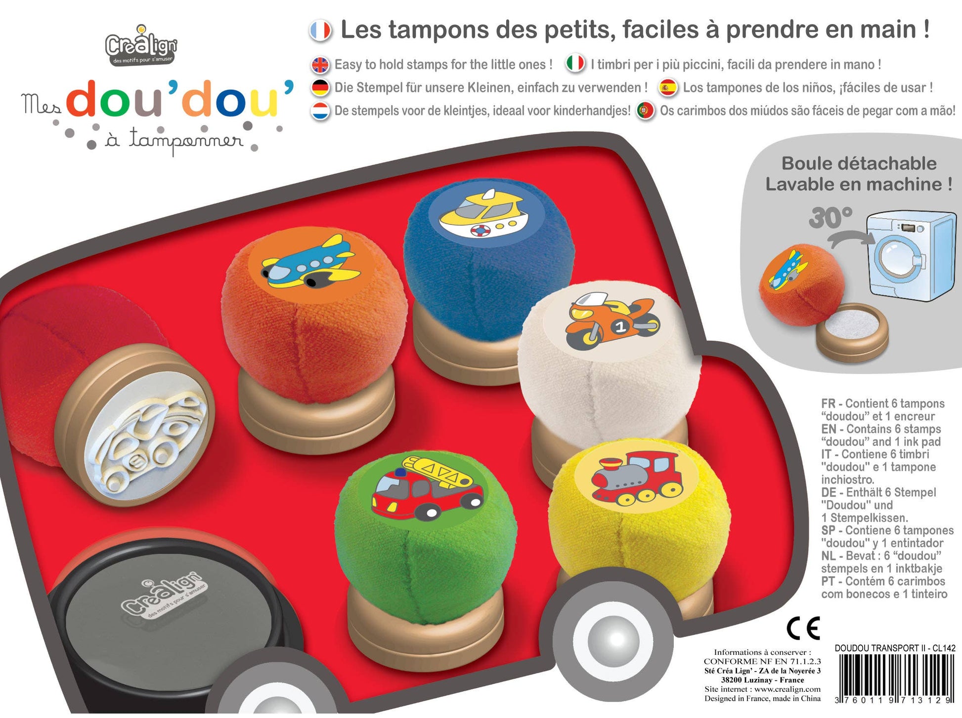 Coffret Dou’Dou’ Transport CréaLign’ avec tampons ultra doux et encreur lavable pour enfants dès 18 mois.