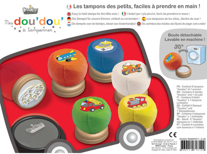 Coffret Dou’Dou’ Transport CréaLign’ avec tampons ultra doux et encreur lavable pour enfants dès 18 mois.