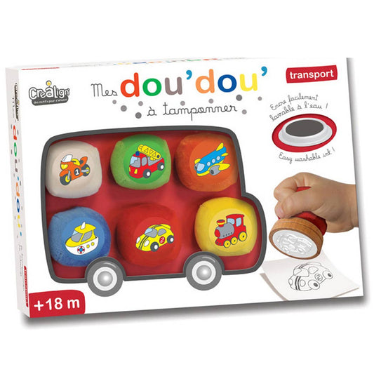 Coffret Dou’Dou’ Transport CréaLign’ avec tampons ultra doux et encreur lavable pour enfants dès 18 mois.