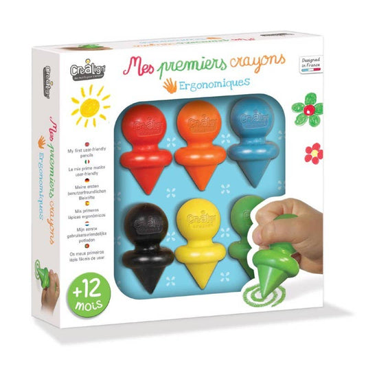 Boîte Mes Premiers Crayons CréaLign’ avec 6 crayons de cire ergonomiques lavables pour enfants dès 1 an.