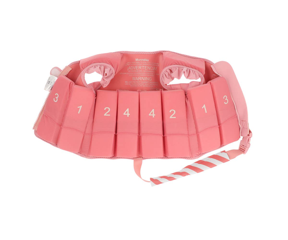 Gilet de natation Stripes Bloom & Blush Monnëka pour enfant avec éléments de flottabilité évolutifs et sangle de sécurité pour apprendre à nager.