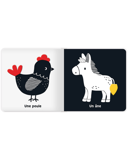 livre à contraste noir et blanc pour bébé, thème de la ferme